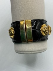 Vintage Black Patent Leather Gold Tone Medusa Accents Hinged Clamper Bracelet