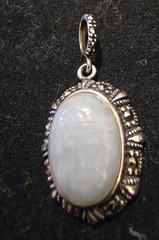 Vintage Sterling Silver & Marcasite Oval Pale Green Jade Intaglio Pendant