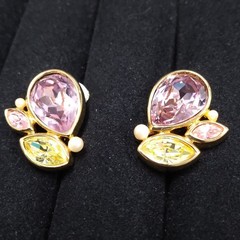 Swarovski Swan Gold Tone Lavender Yellow Pink Crystal Earrings Clip-On
