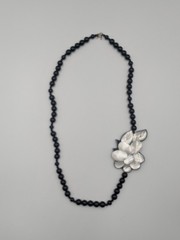 Karla Jordan Black Beaded Necklace + White Mother-of-Pearl Shell Flower Design