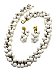 Vintage Lady Remington White Beaded Collar Necklace Earring Set Signed LR 19”