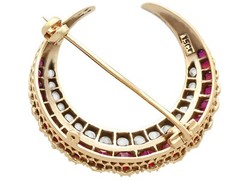 2.50Ct Ruby 0.80Ct Diamond 15k Yellow Gold Crescent Brooch Antique Circa 1890