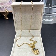 Vintage 12k GF Pocket Watch Chain FOB Necklace, Dog Clip, Blue Aquamarine Glass