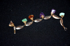 Vintage Silver Tone Feather Leaf and Assorted Gemstones Stone Bracelet 8”