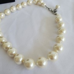 Vintage Faux Pearl Chunky Hand Knotted Necklace Choker Silvertone 16″ – 18″