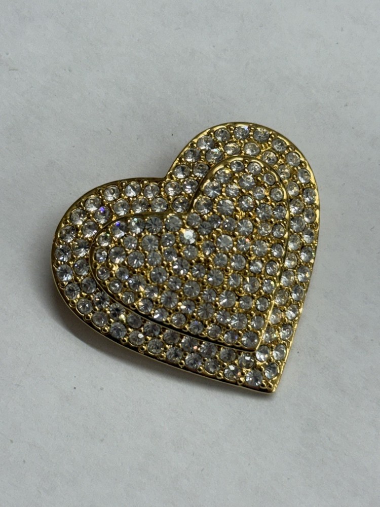 Joan Rivers Signed Vtg Clear Rhinestone Love Heart Brooch Pin Gold Tone