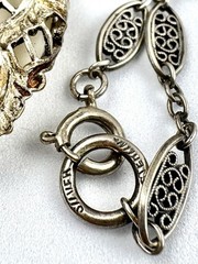VTG Nouveau Deco MOP & Silver Filigree Pendant & Filigree Chain Necklace 15.25”