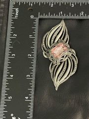 Vintage Brooch Earrings Set Pierced Pink Rhinestone Leaf Flowers Open Work.