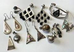 HUGE VINTAGE LOT OF ALPACA MEXICO SILVER EARRINGS BRACELET PENDANTS RING 6-95