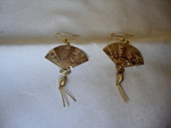 Vtg Chinese Phoenix & Crane Etched Folding Fan Sterling Silver 925 Hook Earrings