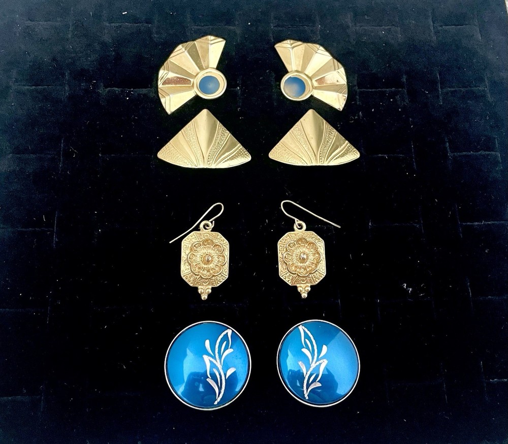 Vintage Geometric Earrings Lot 4 Pairs 80s Geometric Art Deco Style As Is
