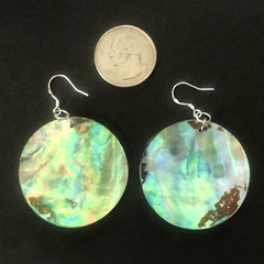 VTG Paua Abalone Shell Round DISK EARRINGS 2.25″ Peacock Blue Green 925 HOOKS