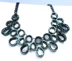 Gold Rhinestone Statement Bib Necklace Black Tone Chain Teardrop