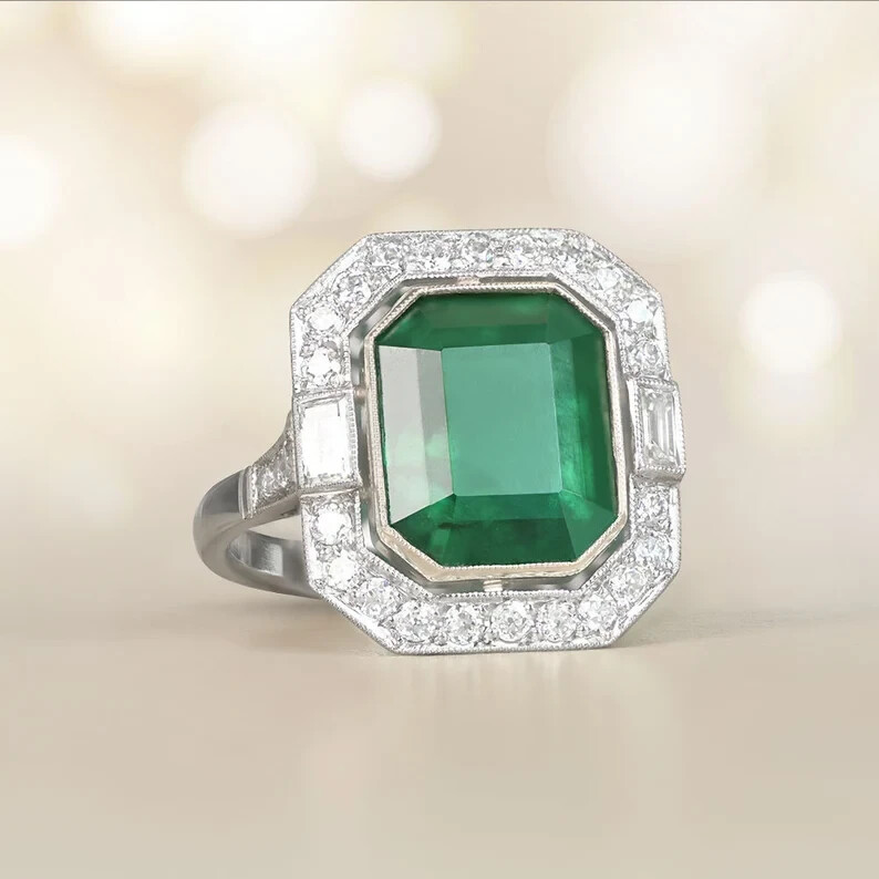 4.00Ct Art Deco Style Lab-Created Emerald Handcrafted Halo Solid 925 Silver Ring