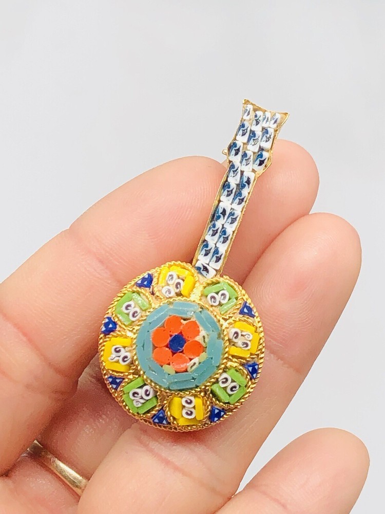 Vtg Micro Mosaic Blue Green Red Yellow White Flower Mandolin Music Pin Brooch