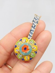 Vtg Micro Mosaic Blue Green Red Yellow White Flower Mandolin Music Pin Brooch