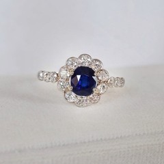 Art Deco Lab Created Diamonds ring with blue sapphire 14k White Gold Finish Ring