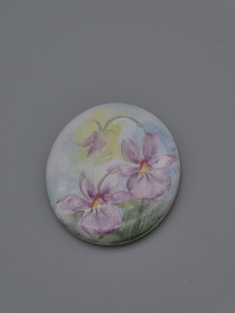 Victorian Purple Iris Flower Cameo Cabochon 30x24mm Oval Hand Painted Porcelain