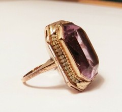 Antique Octagon 17x14mm Amethyst 14K Yellow Gold Ring 7.25 Flower Accent
