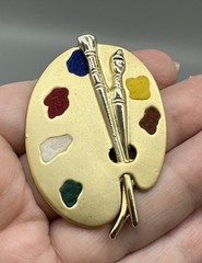 Vtg Paint Palette Artist Brooch Pin Gold Brushed Tone Brush Art To Wear Gift