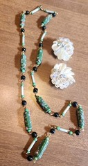 Vintage Jewelry Lot – Peking Glass Bead Necklace – Uranium Brooch – Rhinestones