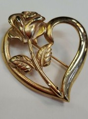 6Pb Vintage Rdc Gold Tone Brooch Pin Heart with Steam Thorn Rose Brooch Pin