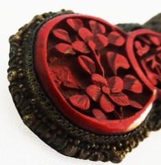 Antique 19th Century Chinese Export Flowers Leaves FU Symbol Cinnabar Brooch