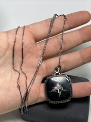 Antique Art Deco Sterling Silver Flower Basket Enamel Locket Necklace