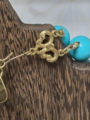 Double Strand Chunky Turquoise Color Blue Bead Necklace Gold Tone Dragon Pendant