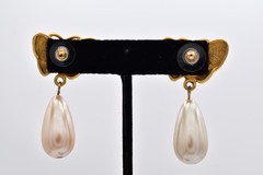 Givenchy Vintage Butterfly Pearl Drop Earrings Brushed Gold Signed 1980s 9D