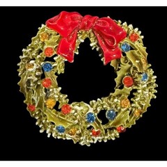 Vtg By ART Antiqued Gold Tone Colorful Rhinestone Enamel Christmas Wreath Pin