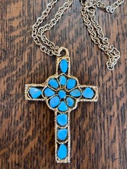Lovely 24″ Goldtone Chain And 2.50″ Cross Pendant with PolishedTurquoise Nuggets