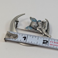 JJ Jonette Fairy Blue Glitter Wings Crescent Moon Star Pin Brooch Pewter Vintage