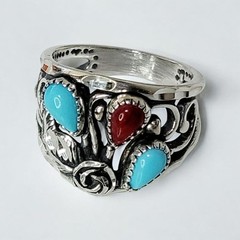 Wheeler MFG Sterling Silver Sleeping Turquoise Coral Diamond Cut Rose Leaf Ring