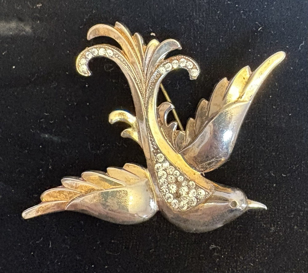 1940s Retro Vintage Sterling Gold Vermeil Rhinestone Bird Brooch 30g READ