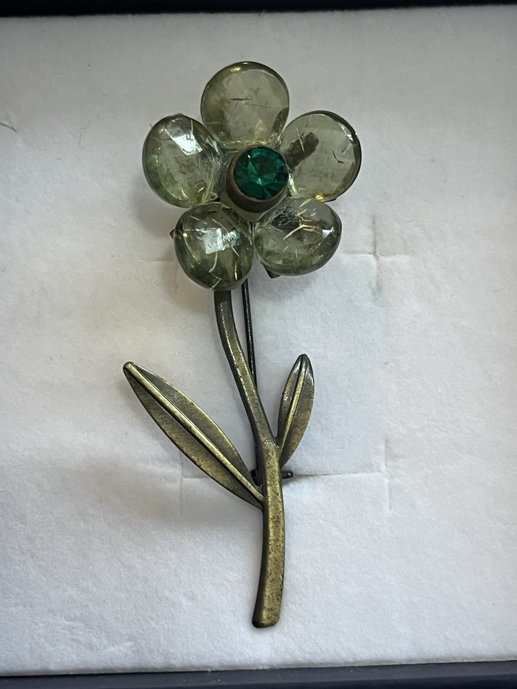 Vintage Green Glass Flower Brooch Pin Emerald Rhinestone Floral 3″