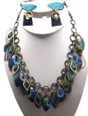 Vintage Colorful Painted Brass Dangles Necklace and Earrings Set, Retro Bib