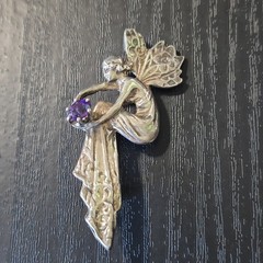 Vintage Sterling Silver 925 Fairy Or Angel with Amethyst Pin brooch