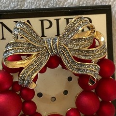 Napier Brooch Women’s Red Christmas Wreath Balls Pin Bow Cubic Zirconia