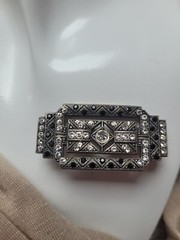 Antique Trombone Clasp Brooch Early Art Deco Black Clear Crystals Jeweled