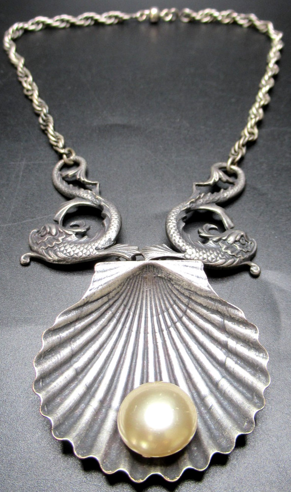 JOSEFF OF HOLLYWOOD Book Piece Fish Serpent Silver Tone Faux Pearl Necklace