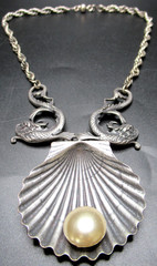 JOSEFF OF HOLLYWOOD Book Piece Fish Serpent Silver Tone Faux Pearl Necklace