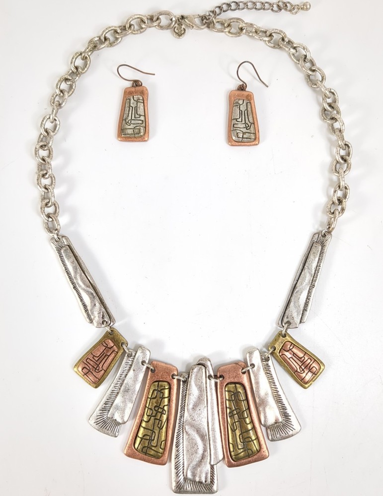 PREMIER DESIGNS Boho Tribal Copper Silver Tone Necklace Pierced Earrings Set VTG