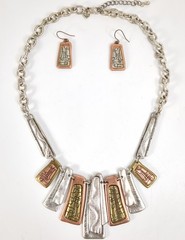 PREMIER DESIGNS Boho Tribal Copper Silver Tone Necklace Pierced Earrings Set VTG