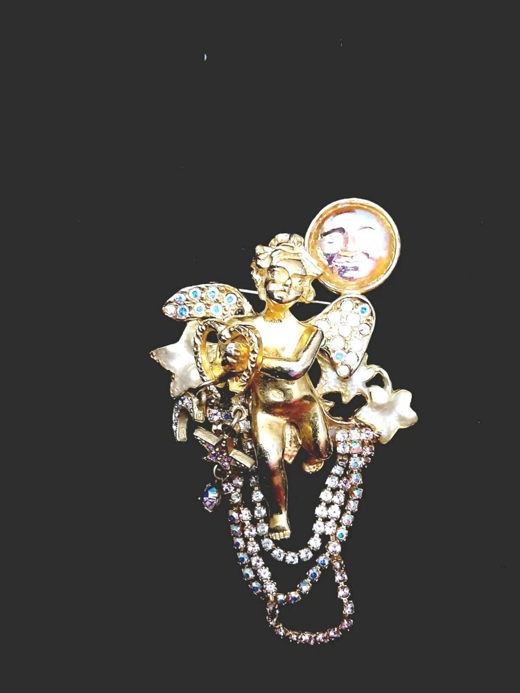 Kirks Folly Brooch Pin Seaview Angel Moon Cupid Cherub Rhinestones Gold Tone Vtg