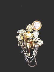Kirks Folly Brooch Pin Seaview Angel Moon Cupid Cherub Rhinestones Gold Tone Vtg