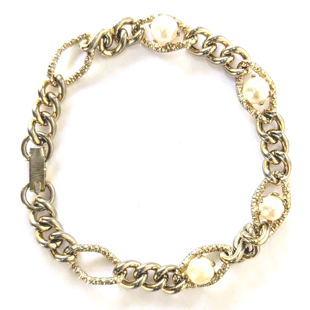 Vtg STAR Signed Gold Tone Faux Pearl Link Bracelet 6.75″ Textured Mid Century