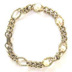 Vtg STAR Signed Gold Tone Faux Pearl Link Bracelet 6.75″ Textured Mid Century