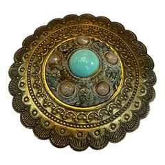 Czech 1950s Brass Brooch Faux Turquoise Cabochon Vintage Filigree Costume Jewel