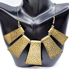Exotic Hammered Style 5 Metal Plate Bib Necklace Brutalist Cleopatra Look 21 In